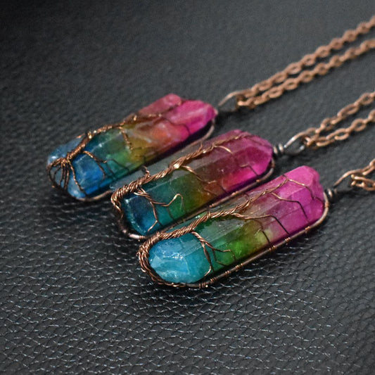 Stone Crystal Pillar Necklace for Grounding Energy & Style with a Handcrafted Tree of Life Pendant